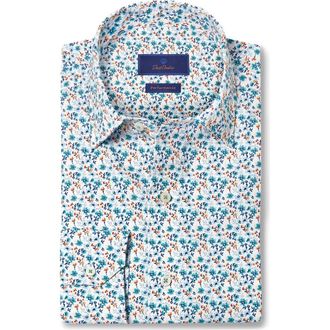 David Donahue Performance Floral Print Sport Shirt in White/Multi at Nordstrom Rack, Size Xx-Large