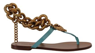 Dolce & Gabbana Womens Chainembellished Leather Sandals Flat Blue - Brown - Size 35.5 EU/IT