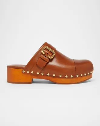 Chlo&eacute; Jeannette Calf Leather Buckle Clogs