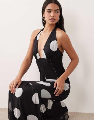 Asos Vestito lungo a pois con corsetto stretto in vita e fondo a sirena-Nero