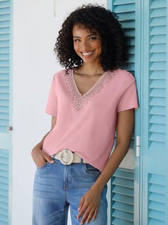 Heine T-Shirt HEINE T-Shirt, Damen, Gr. 34, hortensie, 100% Baumwolle, unifarben, V-Ausschnitt, Shirts T-Shirt