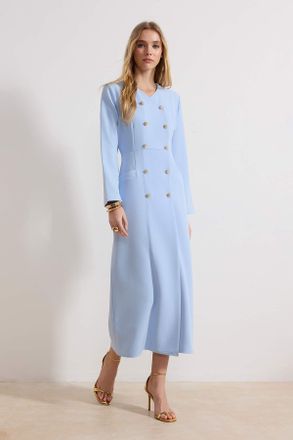 Trendyol Modest Dames Blauw Effen Maxi Lang Zakelijk Double-breasted Modest Jurken