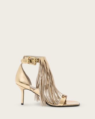 AllSaints Paola Fringed Metallic Leather Heeled Sandals