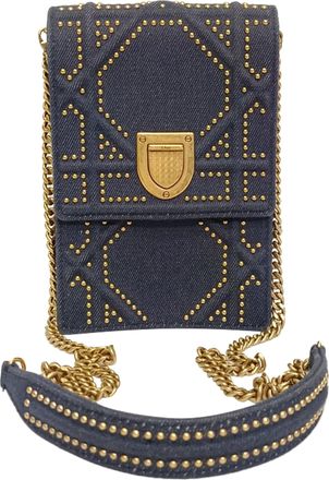 Dior Pre-owned Womens Diorama Studded Vertical Clutch Bag in Navy Blue Cotton Denim - One Size