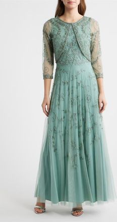 Pisarro Nights Beaded Mesh Gown with Jacket in Mint at Nordstrom, Size 18