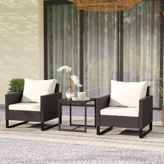 OUTSUNNY 3PCS Rattan Bistro Set Glass Top Table & Chairs with 4 Cushions in Brown