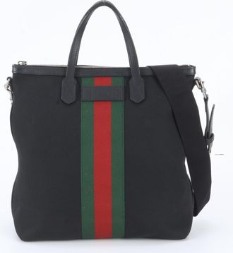 Gucci Black Leather Canvas Shoulder Bag Tote Bag (Pre-Owned)