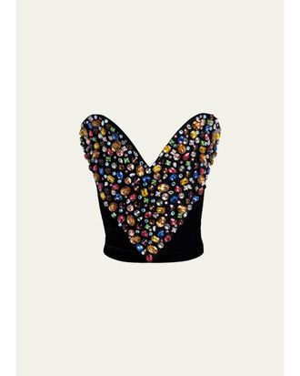 Stella McCartney Strapless Crystal Heart Embroidered Velvet Bustier Top