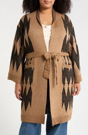 T Tahari Print Longline Duster in Sherwood Camel/Black at Nordstrom Rack, Size 3X