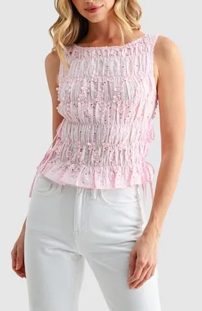 All in Favor Embroidered Eyelet Smocked Sleeveless Top in Pink at Nordstrom, Size Small