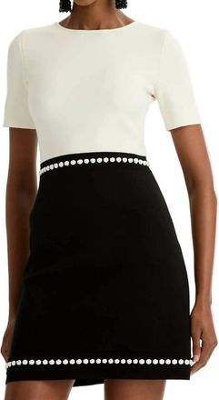 Oscar De La Renta Short Sleeve Bubble Trim Knit Dress In Black/white