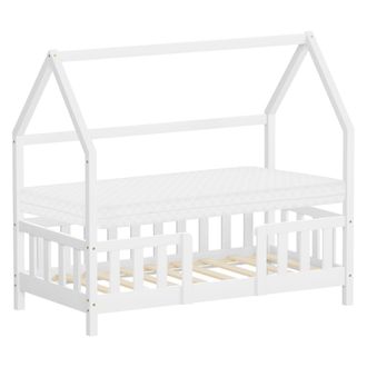 ML Design Ml-design Cama Infantil 70x140cm Blanco, Con Colch&oacute;n, Protecci&oacute;n Antica&iacute;da, Techo Y Somier, Listones De Madera De Maciza De Pino Lecho Montessori Form