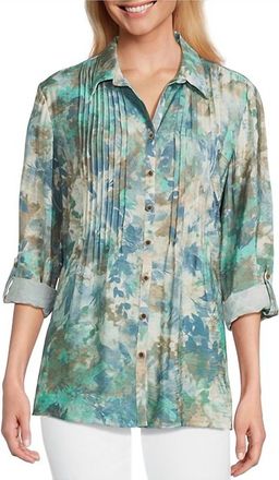 Multiples Cinched Cuff 3/4 Sleeve Button Up Top In Seafoam/ocean Blue