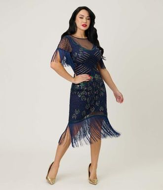 Unique Vintage Beaded Nadine Fringe Flapper Dress in Blue & Green Peacock Beaded at Nordstrom, Size X-Small