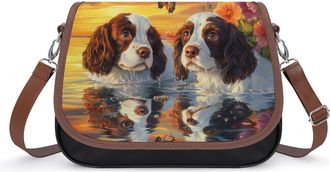 Generic Cute English Springer Spaniel Dogs Crossbody Bag Womens Handbag PU Message Bags Shoulder Purse with Adjustable Strap
