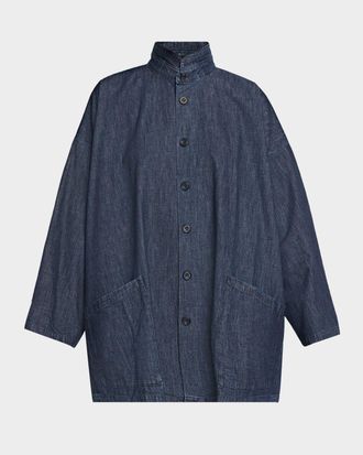 Eskandar Cotton Denim Angle To Front Double Stand Collar Jacket - Long Length