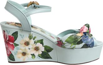 Dolce & Gabbana Green Floral Ankle Strap Wedge Sandals Womens Shoes