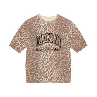 Ganni Tops, Dames, Veelkleurig, M, Wol, Leopard Wool Mix T-shirt