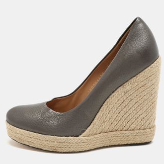 Ferragamo Metallic Grey Leather Wedge Espadrille Pumps