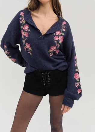 For Love & Lemons Molly Embroidered V-Neck Sweater In Navy