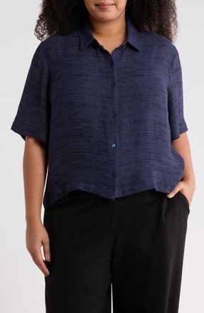 Eileen Fisher Classic Collar Elbow Sleeve Organic Linen Blend Button-Up Shirt in Ink at Nordstrom, Size 3 X