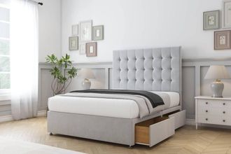 Comfort Beds Savannah Plush Divan Base 2 Drawers - 26 Headboard in Silver | Size: Super King