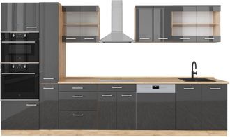 Vicco Mueble De Cocina R-line, Antracita Brillo Intenso/roble Dorado El&eacute;ctrico, 350 Cm Con Armario Alto, Sin Encimera