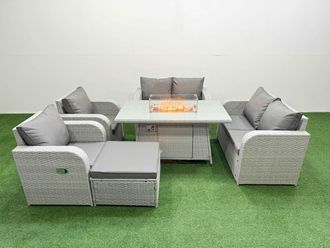 Fimous 7 Seater Outdoor Reclining Chair Love Sofa Set Rattan Garden Furniture Set with Firepit Dining Table Footstool Light Grey