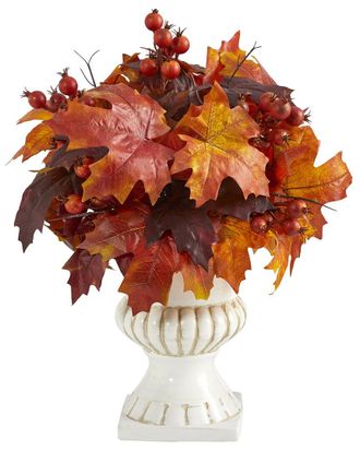 Nearly Natural 20In. Autumn Maple Leaf & Berries Artificial Plant In White Urn