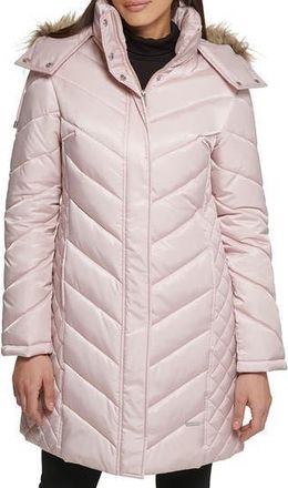 Kenneth Cole Faux Fur Trim Longline Puffer Jacket in Rose Dust at Nordstrom Rack, Size Small