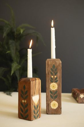 Kalalou Set Of Two Recycled Wood Taper Candle Holders W Painting