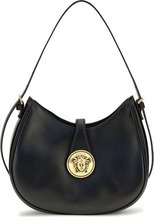 Versace Womens Shoulder Bag Small Embl&egrave;me Black Leather Black-Gold Calf Black/gold