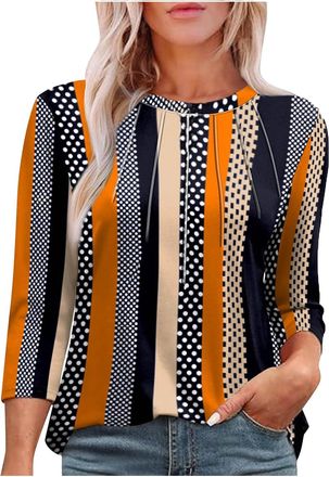 Generic AnnSemo Womens 3/4 Sleeve Tops Ladies Blouses Crew Neck Pleated Shirts Fashion Dressy Tunic Blouses Vintage Novelty Floral Printed Tunic Tops Summer O