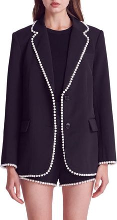 endless rose Premium Imitation Pearl Trim Blazer in Black at Nordstrom, Size X-Small