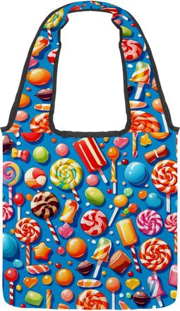 Generic Blue Candy Pattern Reversible Canvas Shoulder Tote - Double-Sided Print, 12oz Cotton, 27cm Drop, Fold-Flat Bag for Travel, Shopping, Street Outings