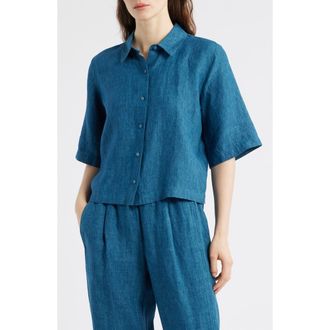 Eileen Fisher Linen Elbow Sleeve Button-Up Shirt in River at Nordstrom, Size X-Large
