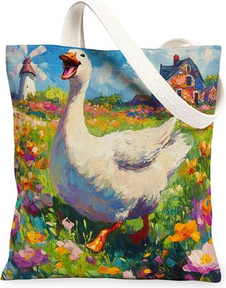 Generic Spring Goose Poultry Canvas Tote Bag for Shopping 13x15, Country Garden Animal Reusable Grocery Print Pattern Bag for Women, Fun Flower Farm Beach Aes