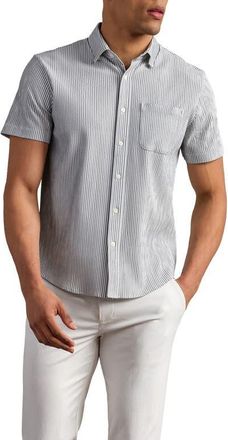 Rhone Commuter Stripe Seersucker Button-Up Shirt in Stone Stripe at Nordstrom, Size Xx-Large