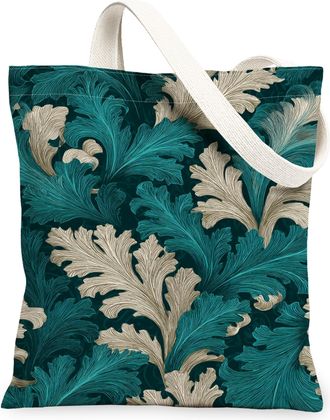 Generic Vintage Elegant Teal Leaves Canvas Tote Bags, Reusable Lightweight Washable Shoulder Strap Eco-Friendly Grocery Bags for Tr, Teal, 13x15 Inch