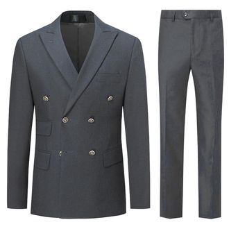 AlltheMen Mens 2 Piece Double Breasted Suits Business Slim Fit Suit Formal Suit Jackets Trousers Grey M