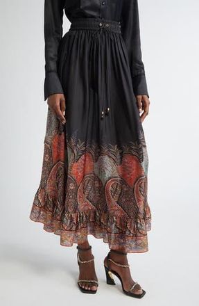 Zimmermann Rhiannon Paisley Print Ruffle Silk Maxi Skirt in Black Paisley at Nordstrom Rack, Size 1 (Fits Like 6 Us)