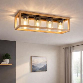 Globo Lighting Lampada da soffitto tavolo da pranzo retro plafoniera rustica casa di campagna lampada da soffitto soggiorno legno, MDF vetro metallo affumicato, 4