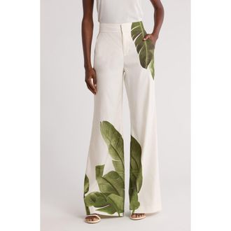 Alice & Olivia Dylan Placed Palm Leaf Print Wide Leg Linen Blend Pants in White Palm at Nordstrom Rack, Size 8
