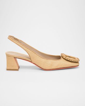 Santoni Lemon Raffia Buckle Slingback Pumps