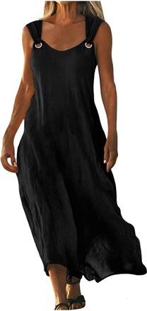 Generic Summer Dresses for Women Sleeveless Linen Maxi Dresses Ladies Casual Long Beach Dress Holiday Vacation Outfits (Black,XXL,Size 22-24)