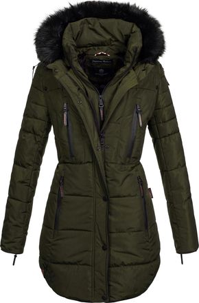 Marikoo lange dames winterjas Moonshine met imitatiebontkraag & teddyvoering