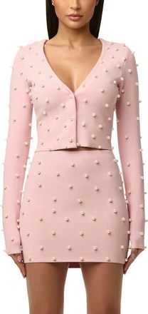 Naked Wardrobe Crop Faux Pearl Cardigan in Cotton Candy at Nordstrom, Size X-Small
