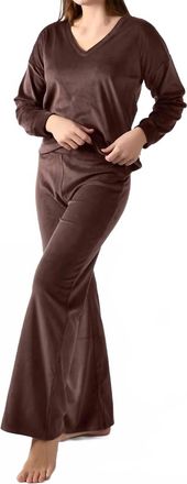 MeMoi Velour Loose Fit V-Neck Sweatshirt And Pants Set In Dark Brown