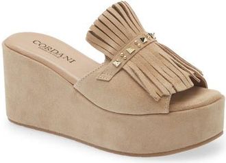 Cordani Jewel Studded Kiltie Platform Wedge Slide Sandal in Beige Suede at Nordstrom, Size 8.5Us