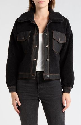 Madden Girl Denim Trim Faux Shearling Shacket in Black at Nordstrom Rack, Size X-Large